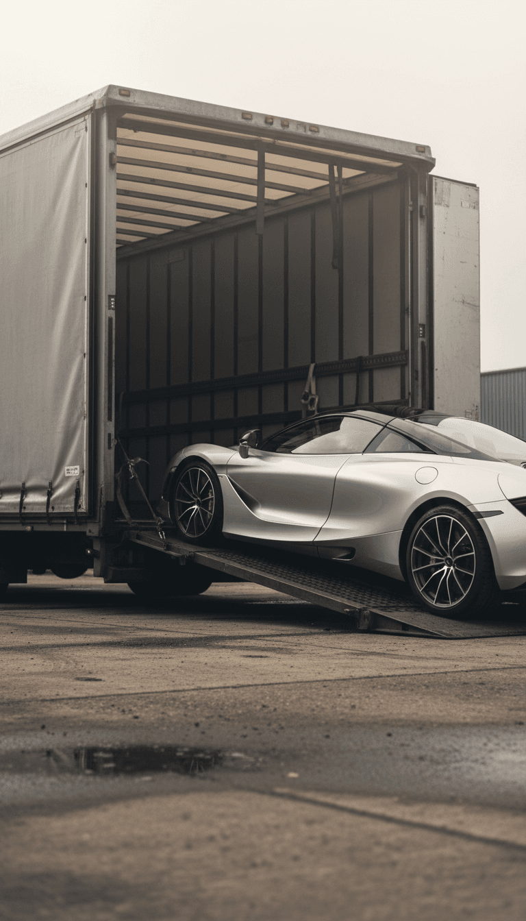 McLaren 720S being loaded onto a covered transport trailer.